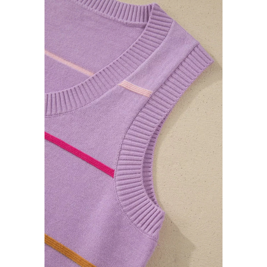 Stripe Round Neck Knitted Sweater Tank Apparel and Accessories