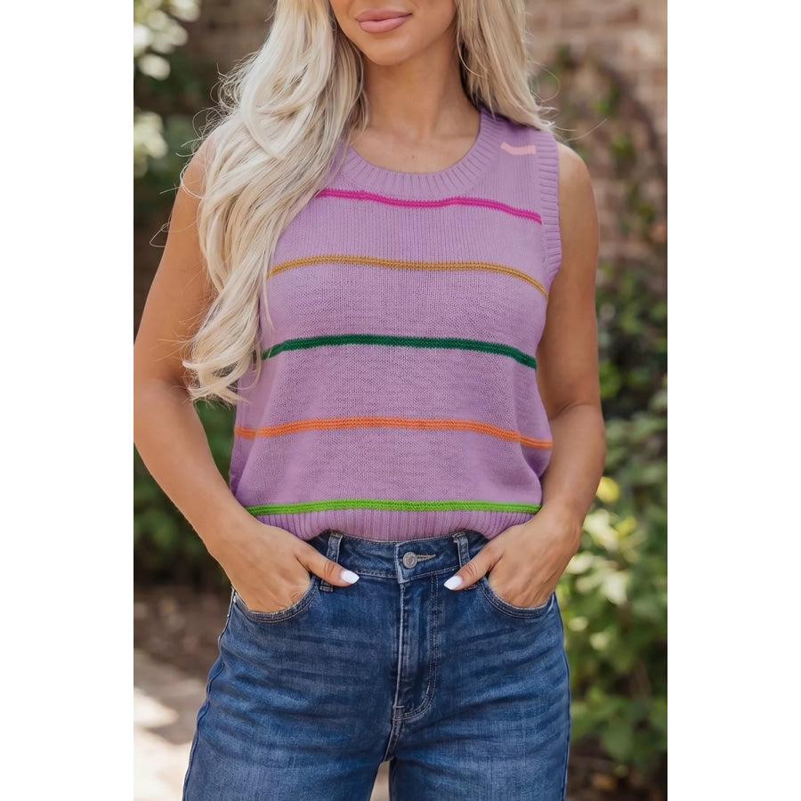Stripe Round Neck Knitted Sweater Tank Mauve / S Apparel and Accessories