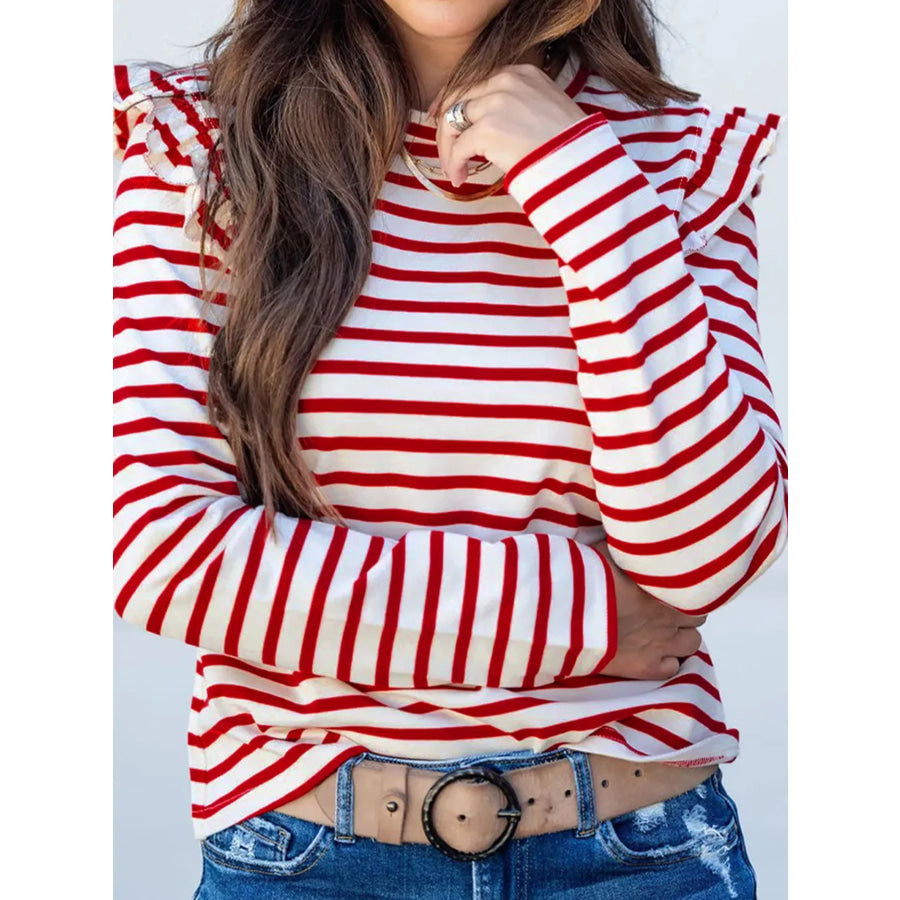Stripe Round Neck Ruffle Trim Long Sleeve Top Apparel and Accessories