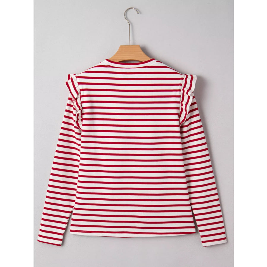Stripe Round Neck Ruffle Trim Long Sleeve Top Apparel and Accessories