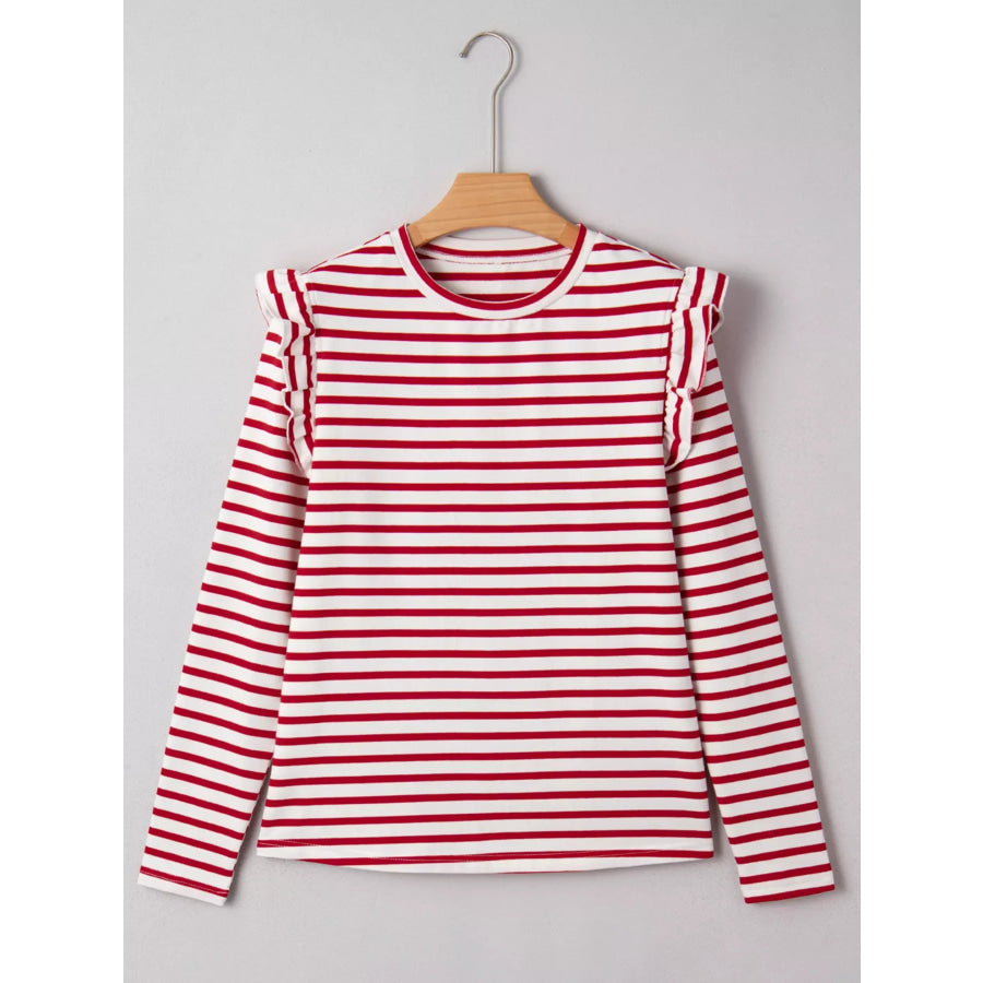Stripe Round Neck Ruffle Trim Long Sleeve Top Apparel and Accessories