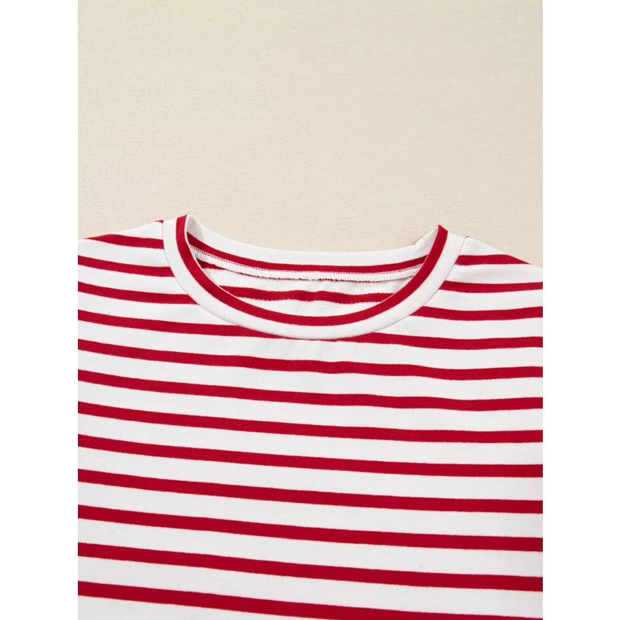 Stripe Round Neck Ruffle Trim Long Sleeve Top Apparel and Accessories