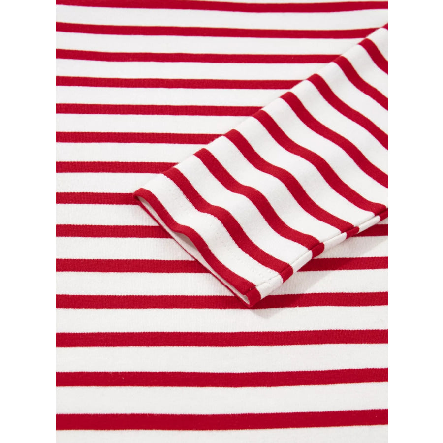Stripe Round Neck Ruffle Trim Long Sleeve Top Apparel and Accessories