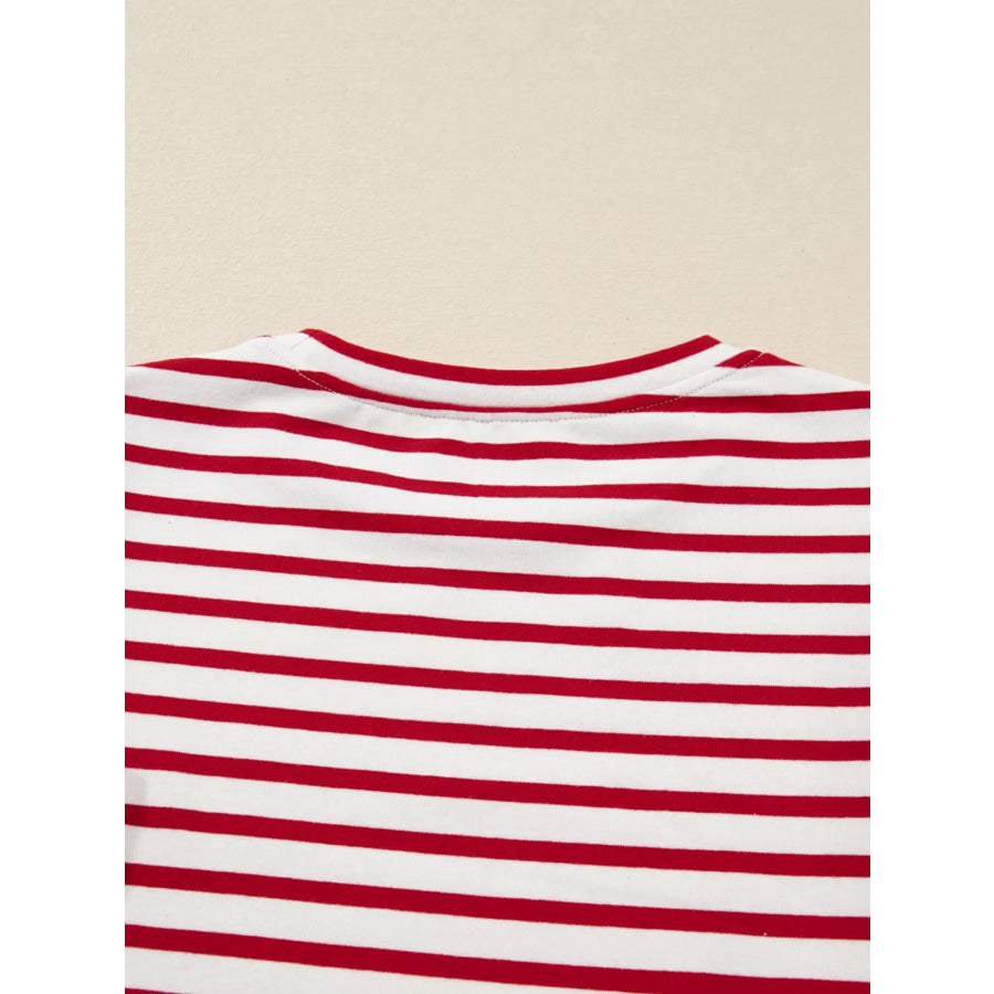 Stripe Round Neck Ruffle Trim Long Sleeve Top Apparel and Accessories