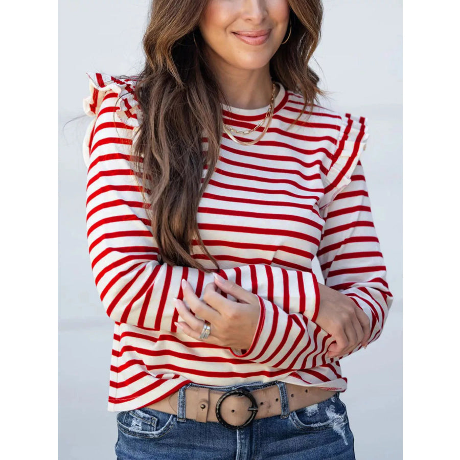 Stripe Round Neck Ruffle Trim Long Sleeve Top Dusty Pink / S Apparel and Accessories