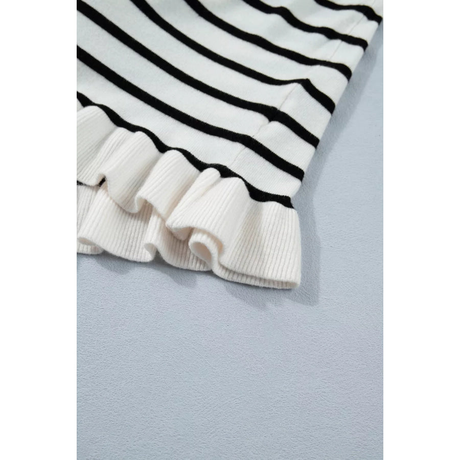 Stripe Ruffle Trim Button Down Knit Short Sleeve Sweater Cardigan Apparel and Accessories