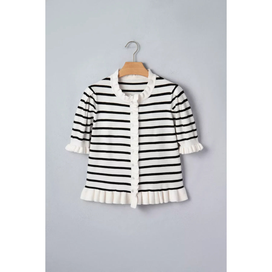 Stripe Ruffle Trim Button Down Knit Short Sleeve Sweater Cardigan Apparel and Accessories