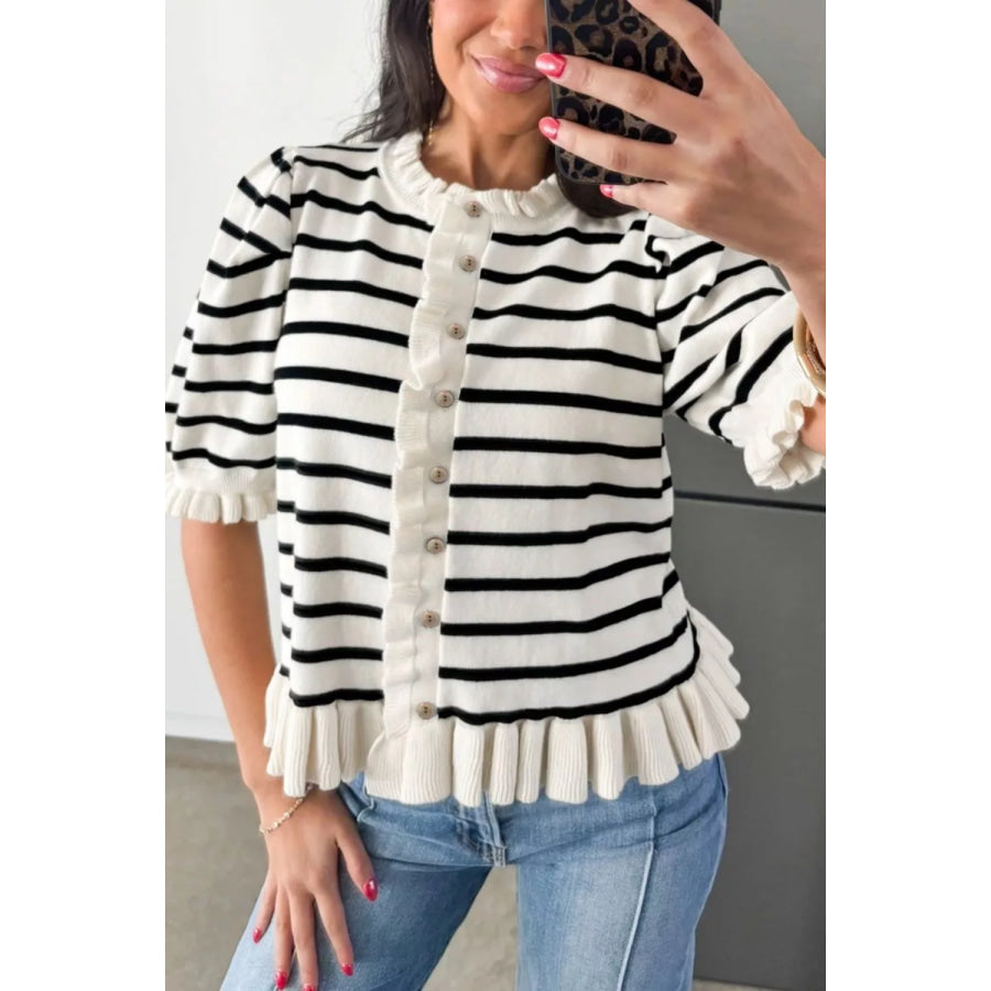 Stripe Ruffle Trim Button Down Knit Short Sleeve Sweater Cardigan Apparel and Accessories