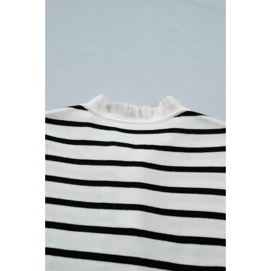 Stripe Ruffle Trim Button Down Knit Short Sleeve Sweater Cardigan Apparel and Accessories