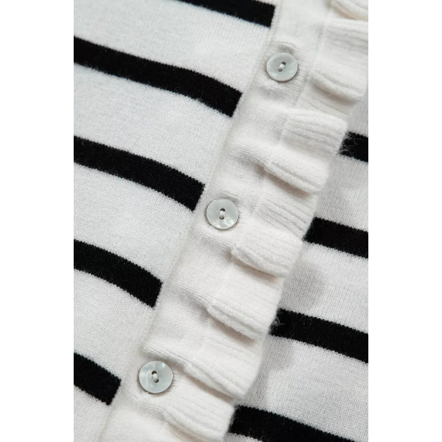 Stripe Ruffle Trim Button Down Knit Short Sleeve Sweater Cardigan Apparel and Accessories