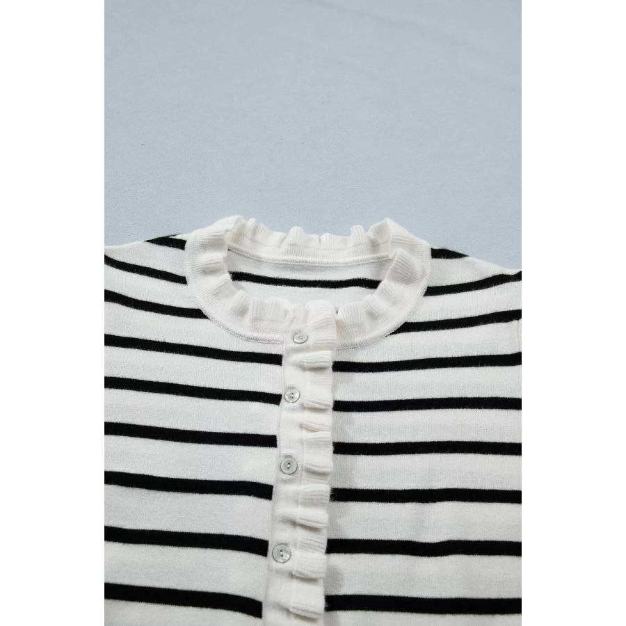 Stripe Ruffle Trim Button Down Knit Short Sleeve Sweater Cardigan Apparel and Accessories