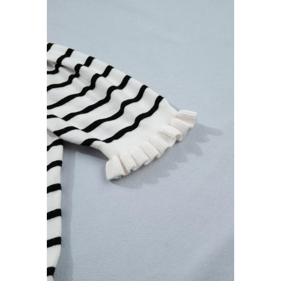 Stripe Ruffle Trim Button Down Knit Short Sleeve Sweater Cardigan Apparel and Accessories