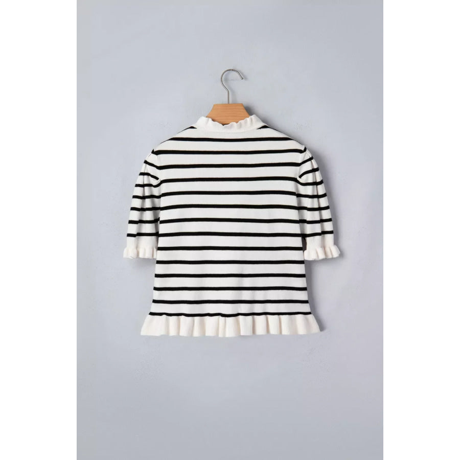 Stripe Ruffle Trim Button Down Knit Short Sleeve Sweater Cardigan Apparel and Accessories