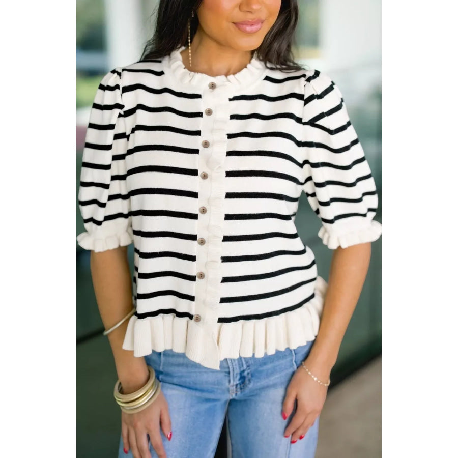 Stripe Ruffle Trim Button Down Knit Short Sleeve Sweater Cardigan Stripe / S Apparel and Accessories