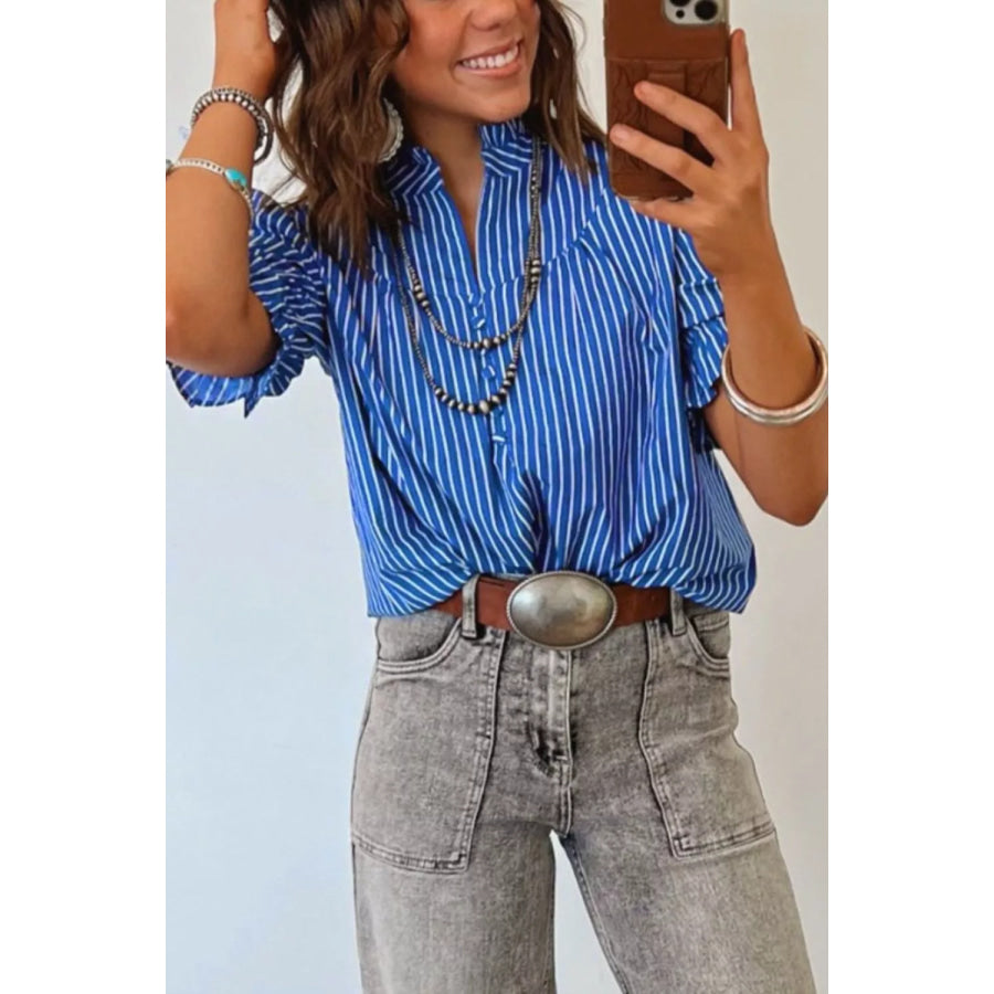 Stripe Ruffled Short Puff Sleeve Button Front Blouse Apparel and Accessories