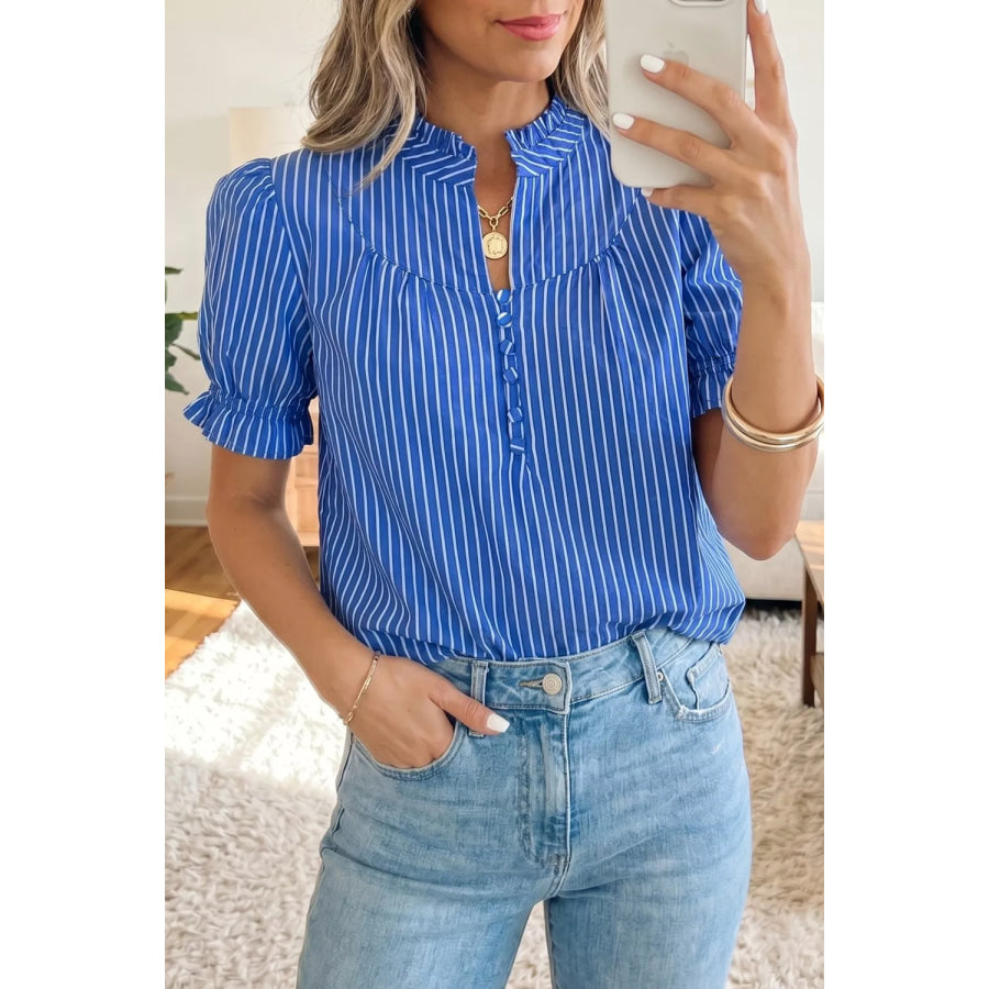 Stripe Ruffled Short Puff Sleeve Button Front Blouse Apparel and Accessories