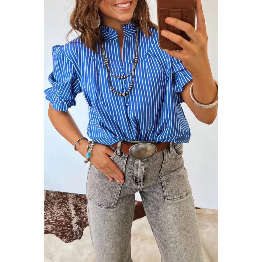 Stripe Ruffled Short Puff Sleeve Button Front Blouse Apparel and Accessories