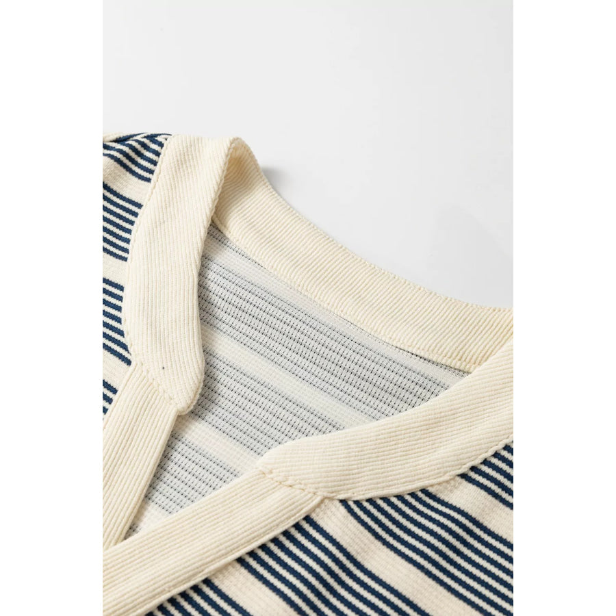 Stripe Ruffled Short Sleeve Contrast Trim Button Notched Neck Midi Dress Apparel and Accessories