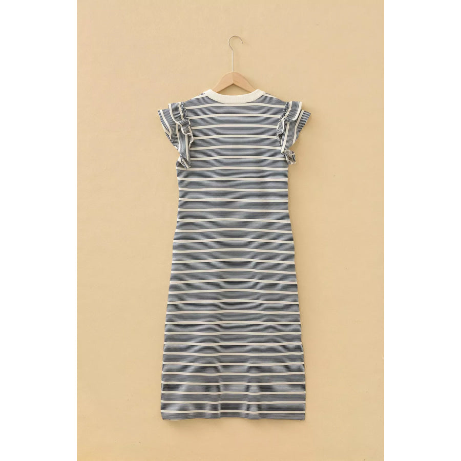 Stripe Ruffled Short Sleeve Contrast Trim Button Notched Neck Midi Dress Apparel and Accessories