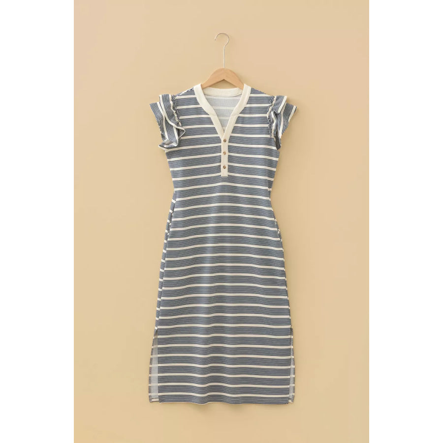 Stripe Ruffled Short Sleeve Contrast Trim Button Notched Neck Midi Dress Apparel and Accessories