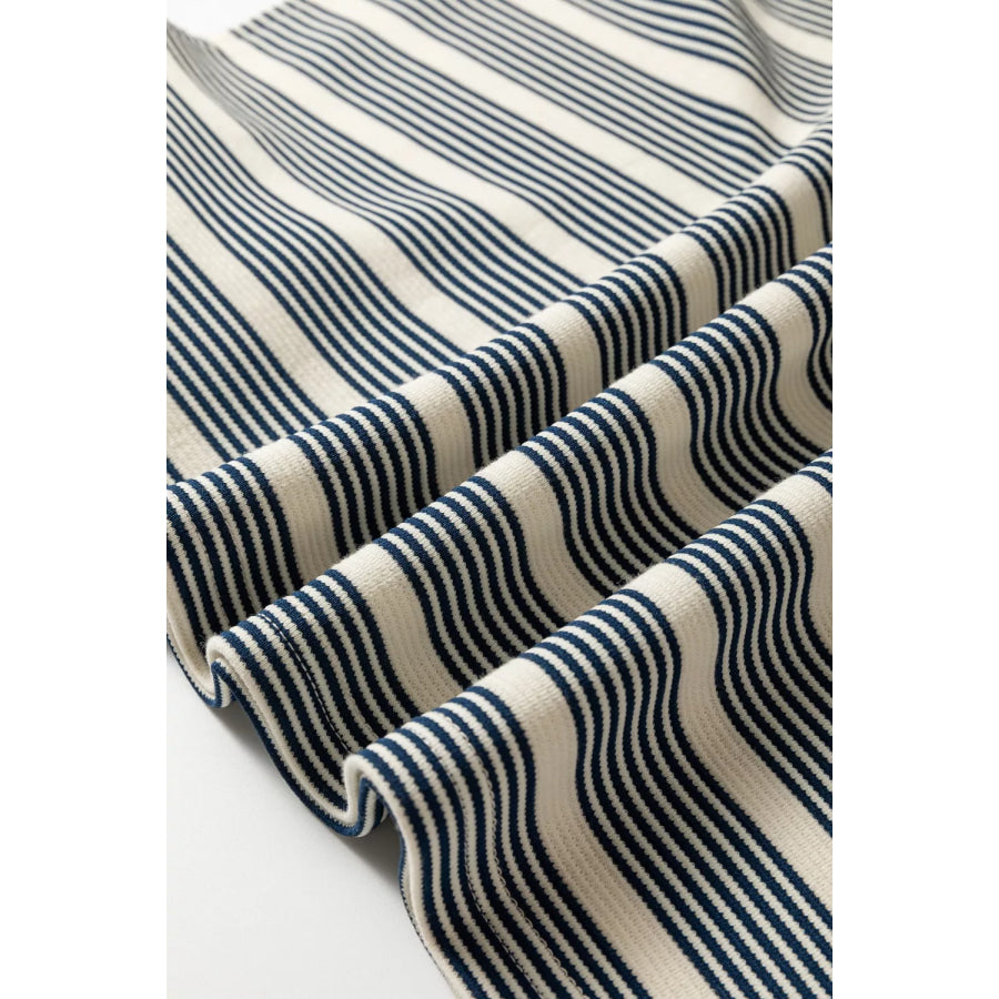 Stripe Ruffled Short Sleeve Contrast Trim Button Notched Neck Midi Dress Apparel and Accessories