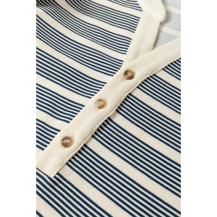 Stripe Ruffled Short Sleeve Contrast Trim Button Notched Neck Midi Dress Apparel and Accessories