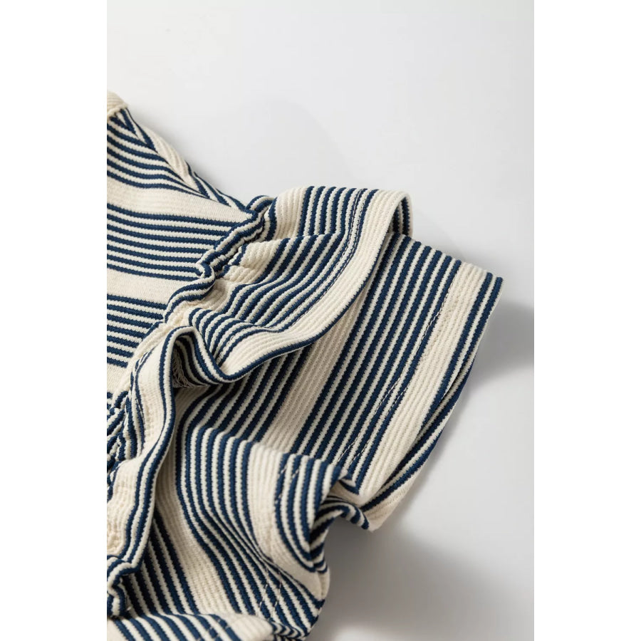Stripe Ruffled Short Sleeve Contrast Trim Button Notched Neck Midi Dress Apparel and Accessories