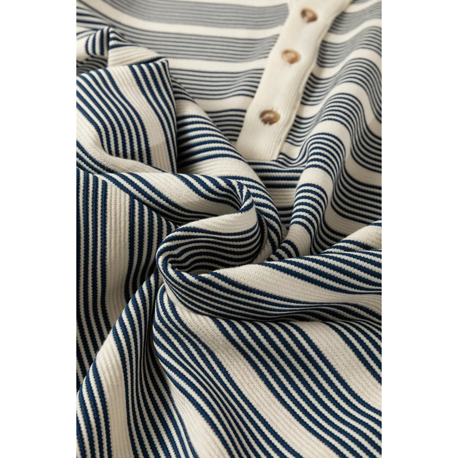 Stripe Ruffled Short Sleeve Contrast Trim Button Notched Neck Midi Dress Apparel and Accessories