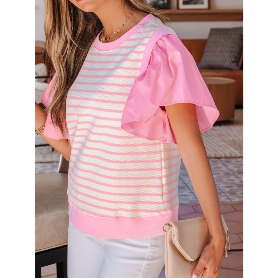 Stripe Ruffled Short Sleeve Patchwork Blouse Apparel and Accessories