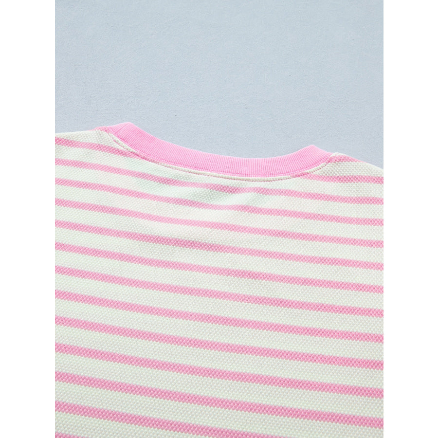 Stripe Ruffled Short Sleeve Patchwork Blouse Apparel and Accessories