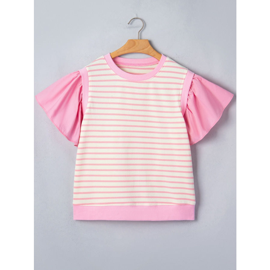 Stripe Ruffled Short Sleeve Patchwork Blouse Apparel and Accessories
