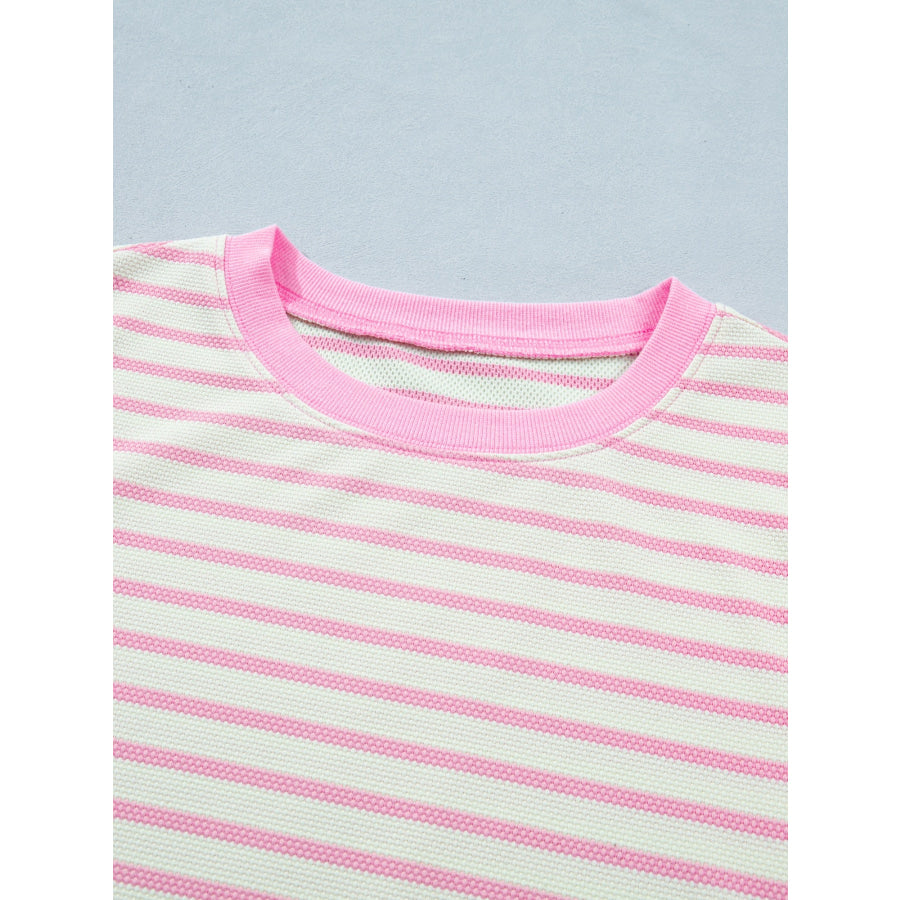 Stripe Ruffled Short Sleeve Patchwork Blouse Apparel and Accessories
