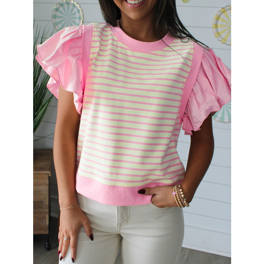 Stripe Ruffled Short Sleeve Patchwork Blouse Apparel and Accessories