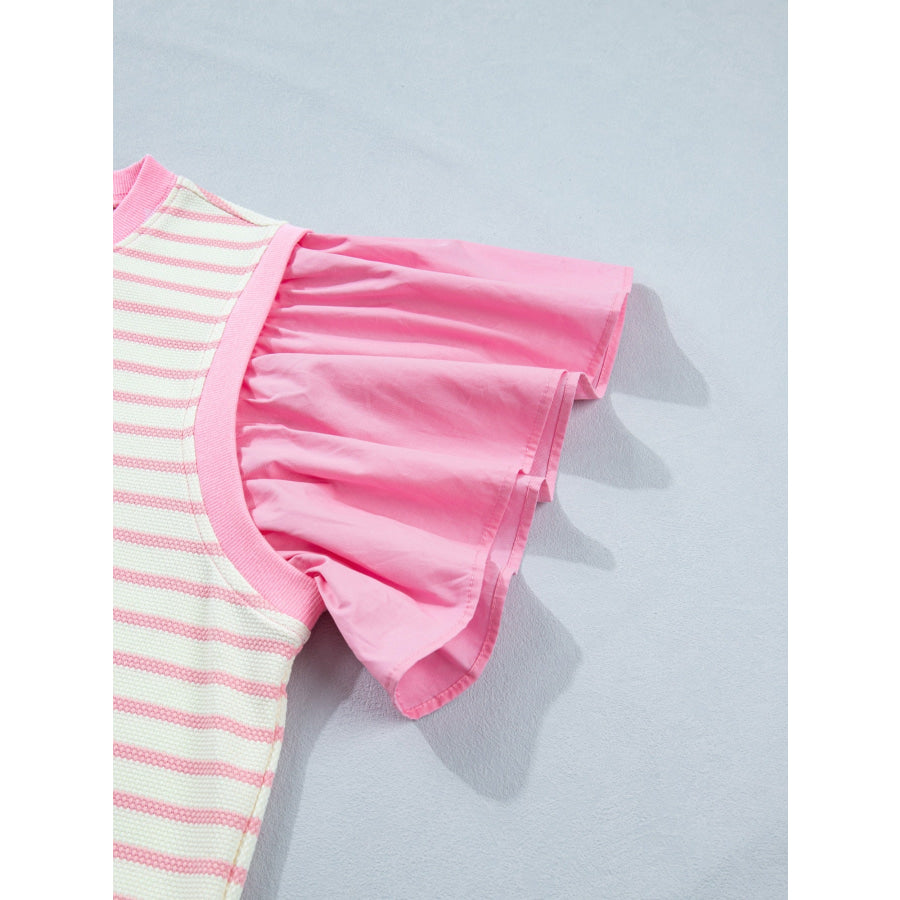 Stripe Ruffled Short Sleeve Patchwork Blouse Apparel and Accessories