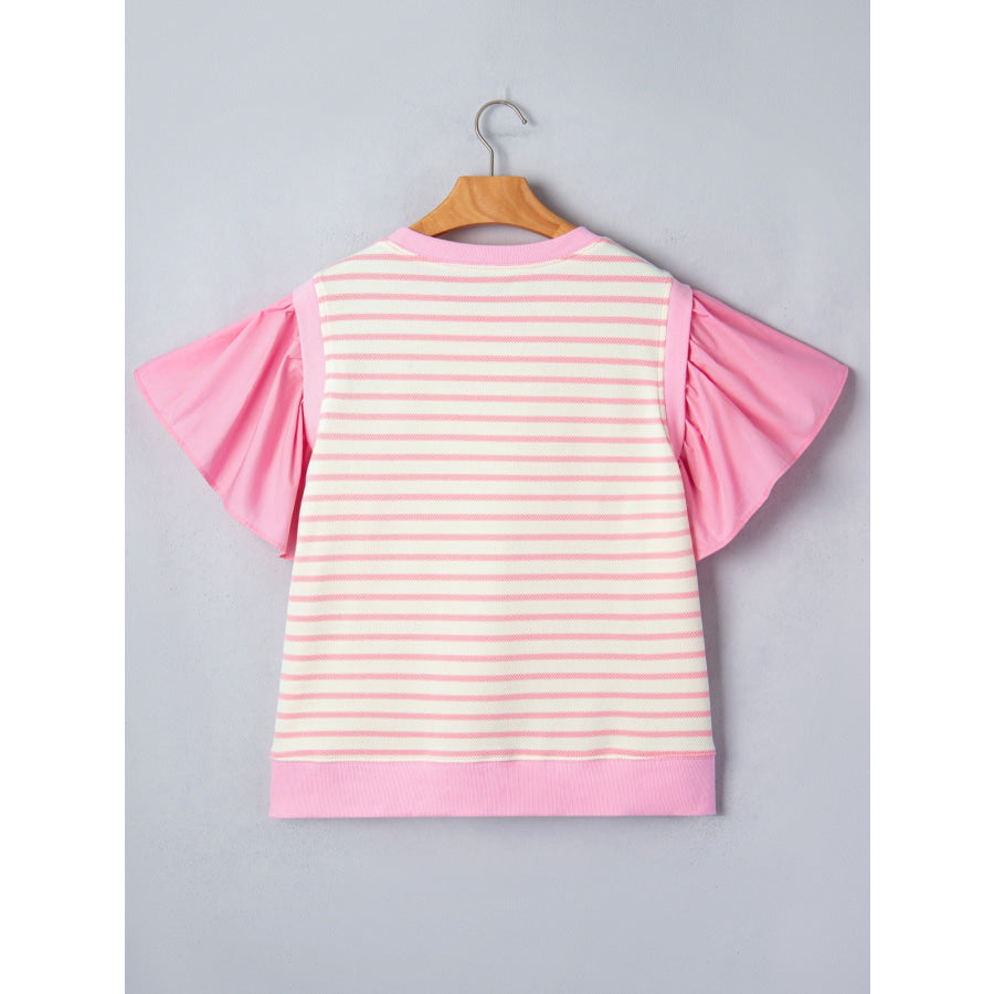 Stripe Ruffled Short Sleeve Patchwork Blouse Apparel and Accessories