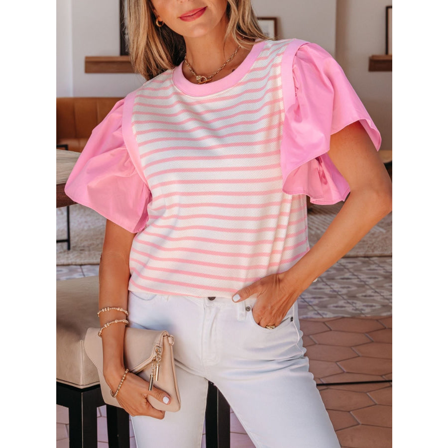 Stripe Ruffled Short Sleeve Patchwork Blouse Apparel and Accessories