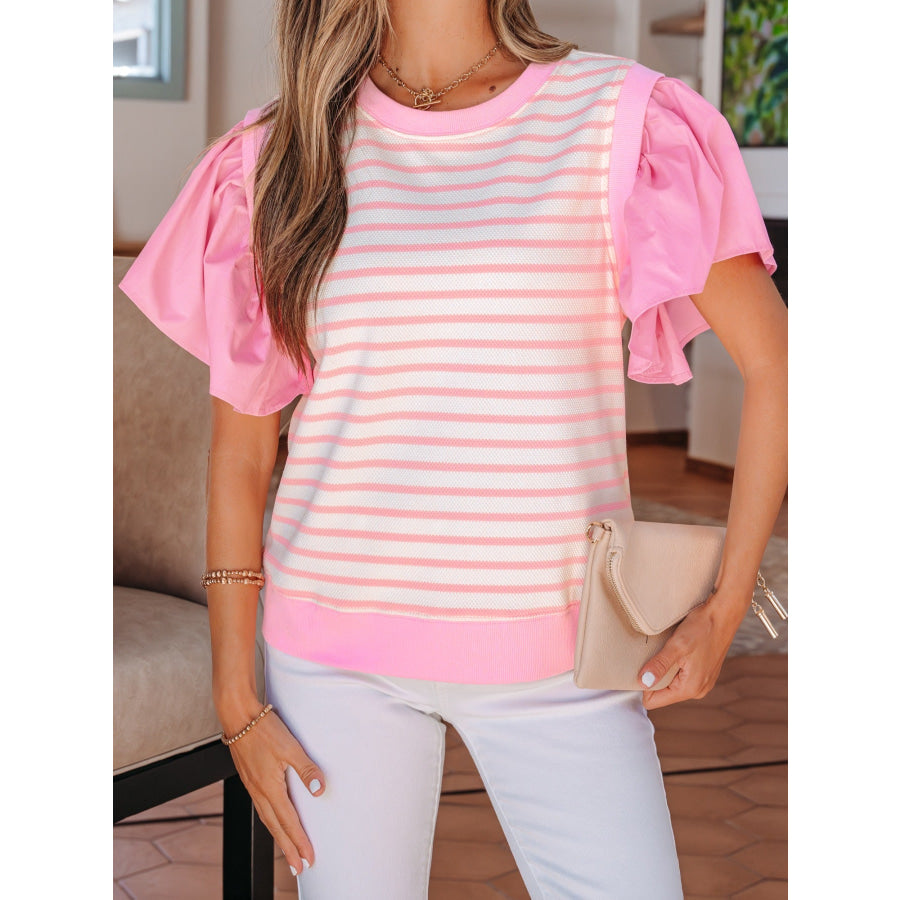 Stripe Ruffled Short Sleeve Patchwork Blouse Pink / S Apparel and Accessories