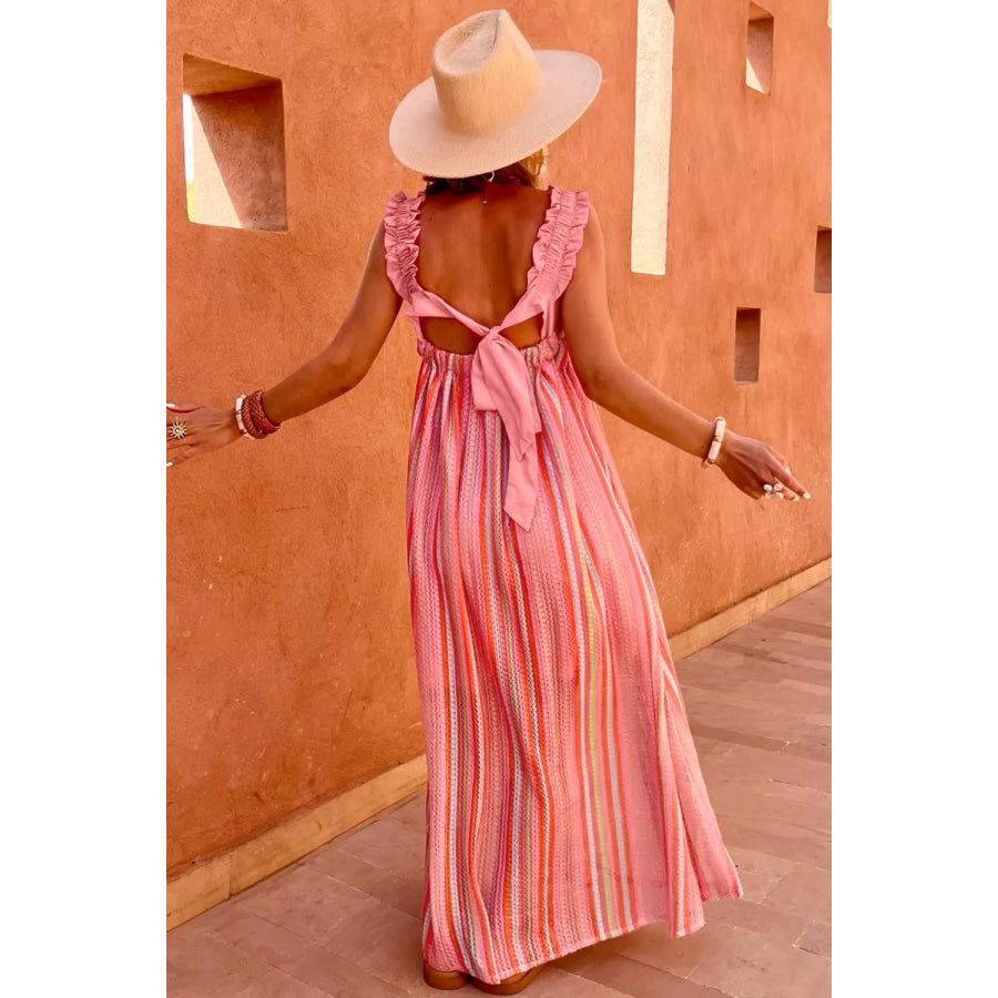 Stripe Ruffled Straps Ribbon Knot Flowy Vacation Maxi Dress Burnt Coral / S Apparel and Accessories