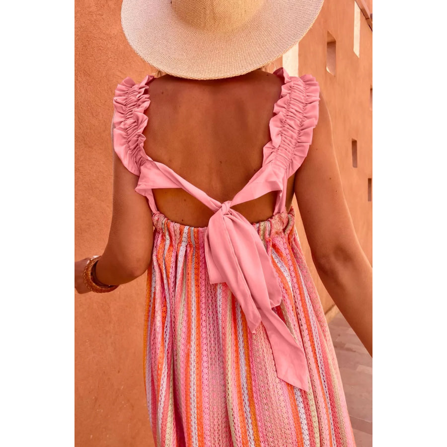 Stripe Ruffled Straps Ribbon Knot Flowy Vacation Maxi Dress Apparel and Accessories