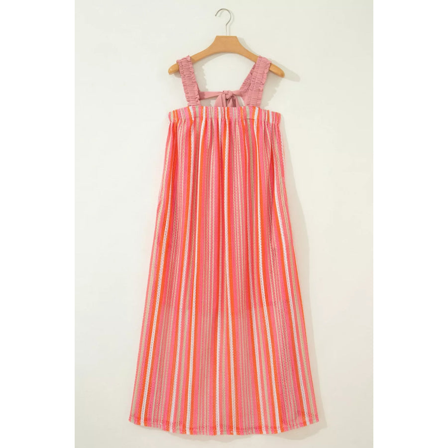 Stripe Ruffled Straps Ribbon Knot Flowy Vacation Maxi Dress Apparel and Accessories