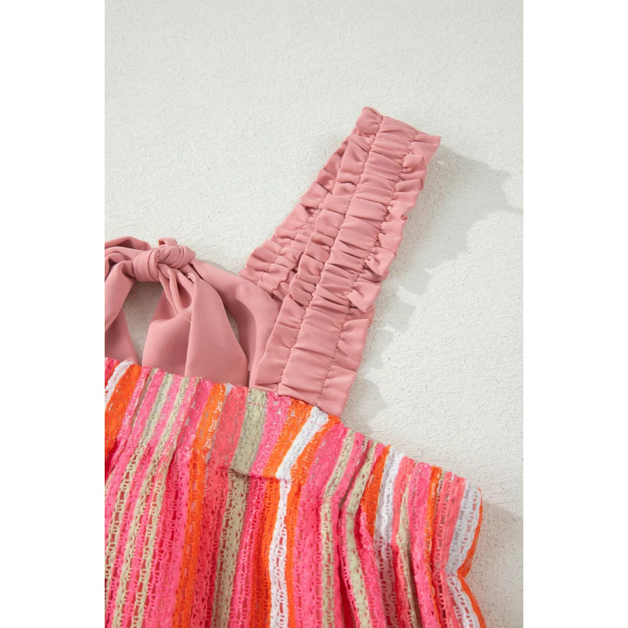Stripe Ruffled Straps Ribbon Knot Flowy Vacation Maxi Dress Apparel and Accessories