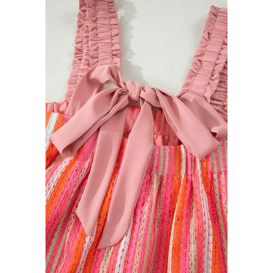 Stripe Ruffled Straps Ribbon Knot Flowy Vacation Maxi Dress Apparel and Accessories
