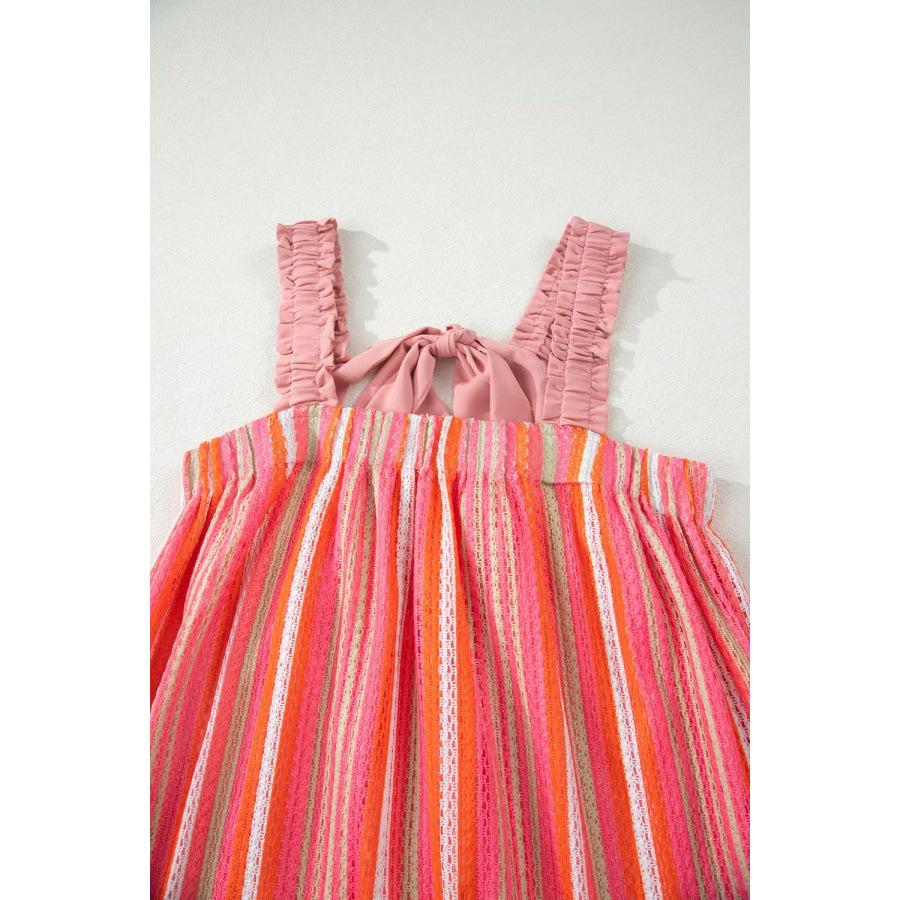 Stripe Ruffled Straps Ribbon Knot Flowy Vacation Maxi Dress Apparel and Accessories