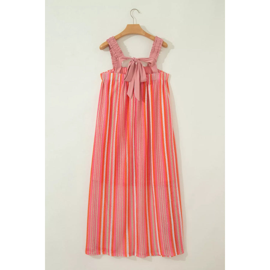 Stripe Ruffled Straps Ribbon Knot Flowy Vacation Maxi Dress Apparel and Accessories