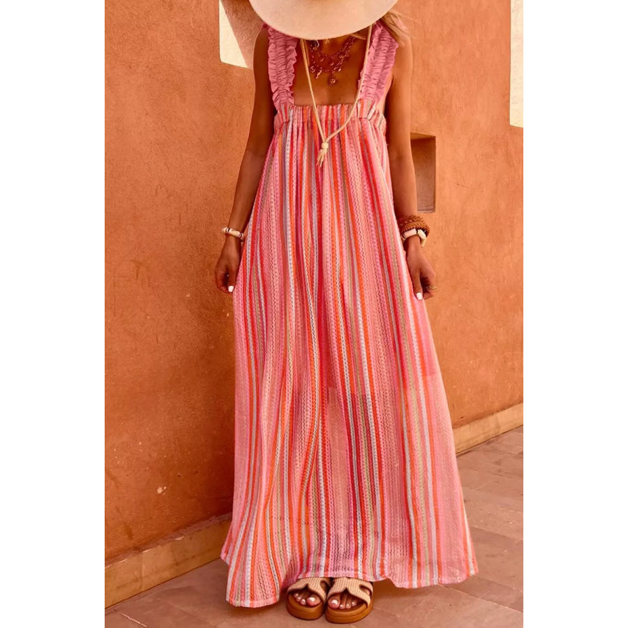 Stripe Ruffled Straps Ribbon Knot Flowy Vacation Maxi Dress Burnt Coral / S Apparel and Accessories