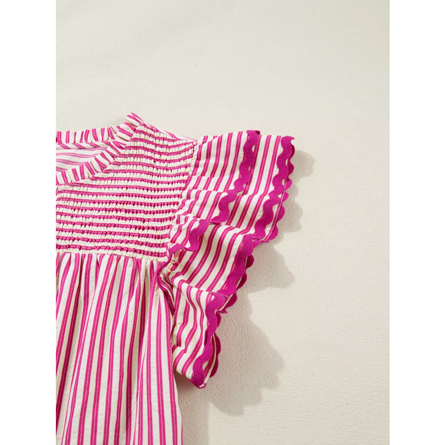 Stripe Shirred Yoke Ruffled Short Sleeve Blouse Apparel and Accessories