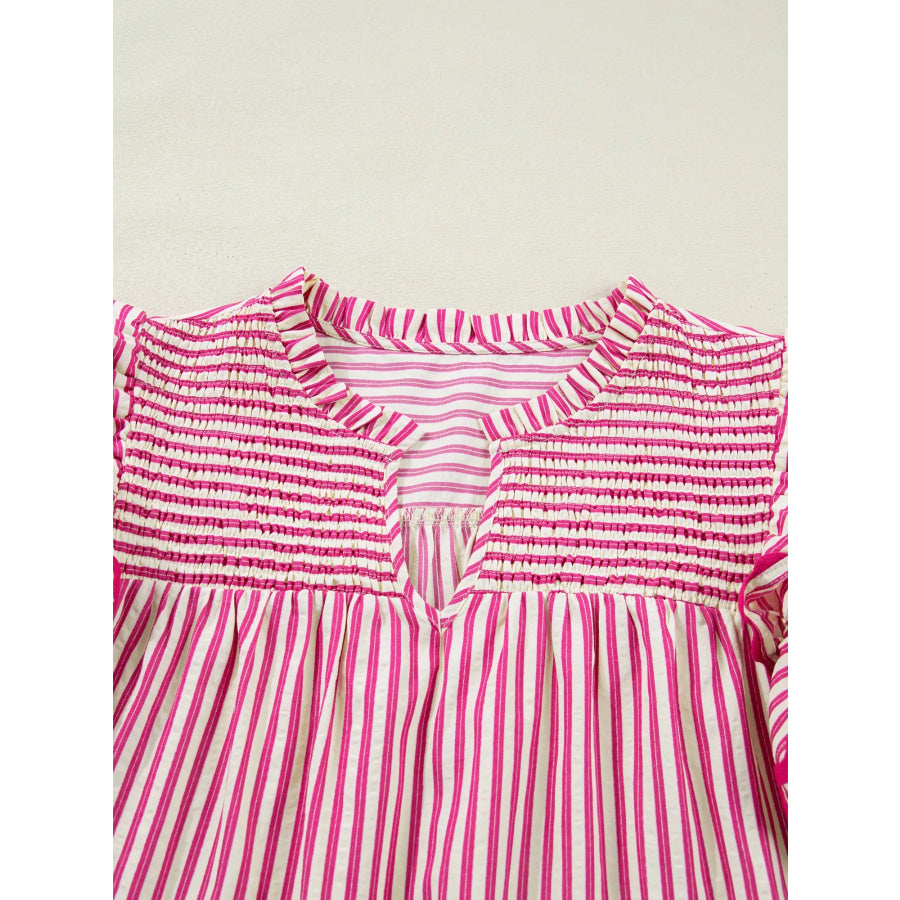 Stripe Shirred Yoke Ruffled Short Sleeve Blouse Apparel and Accessories