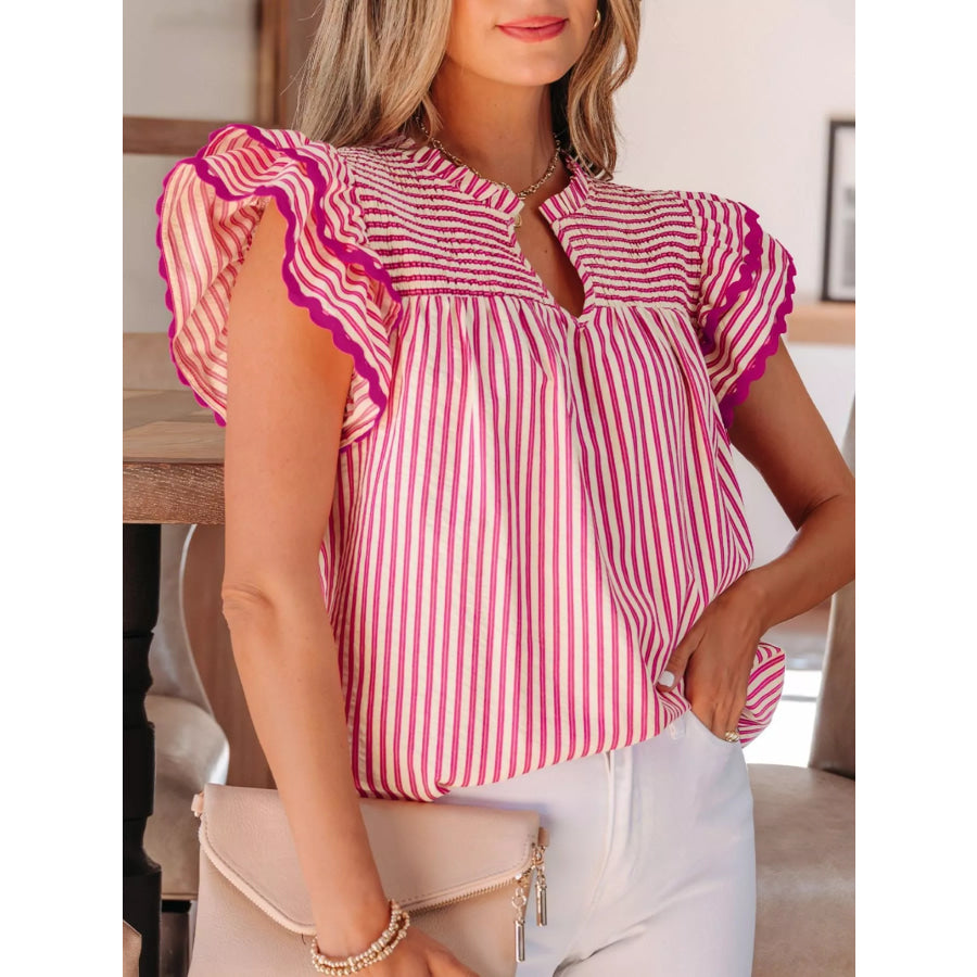 Stripe Shirred Yoke Ruffled Short Sleeve Blouse Apparel and Accessories