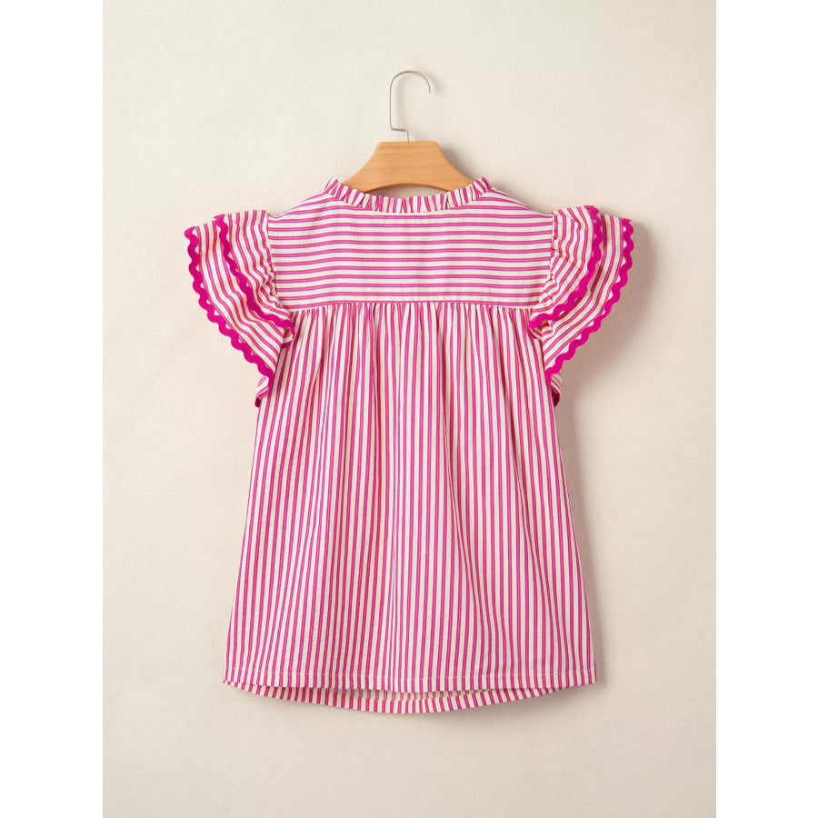 Stripe Shirred Yoke Ruffled Short Sleeve Blouse Apparel and Accessories