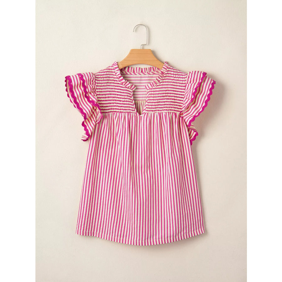 Stripe Shirred Yoke Ruffled Short Sleeve Blouse Apparel and Accessories